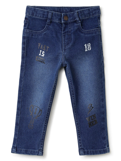 Boys Dark Blue Printed Slim Fit Stretchable Denim Jeans