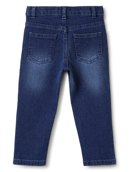 Boys Dark Blue Printed Slim Fit Stretchable Denim Jeans