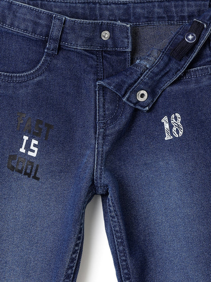 Boys Dark Blue Printed Slim Fit Stretchable Denim Jeans