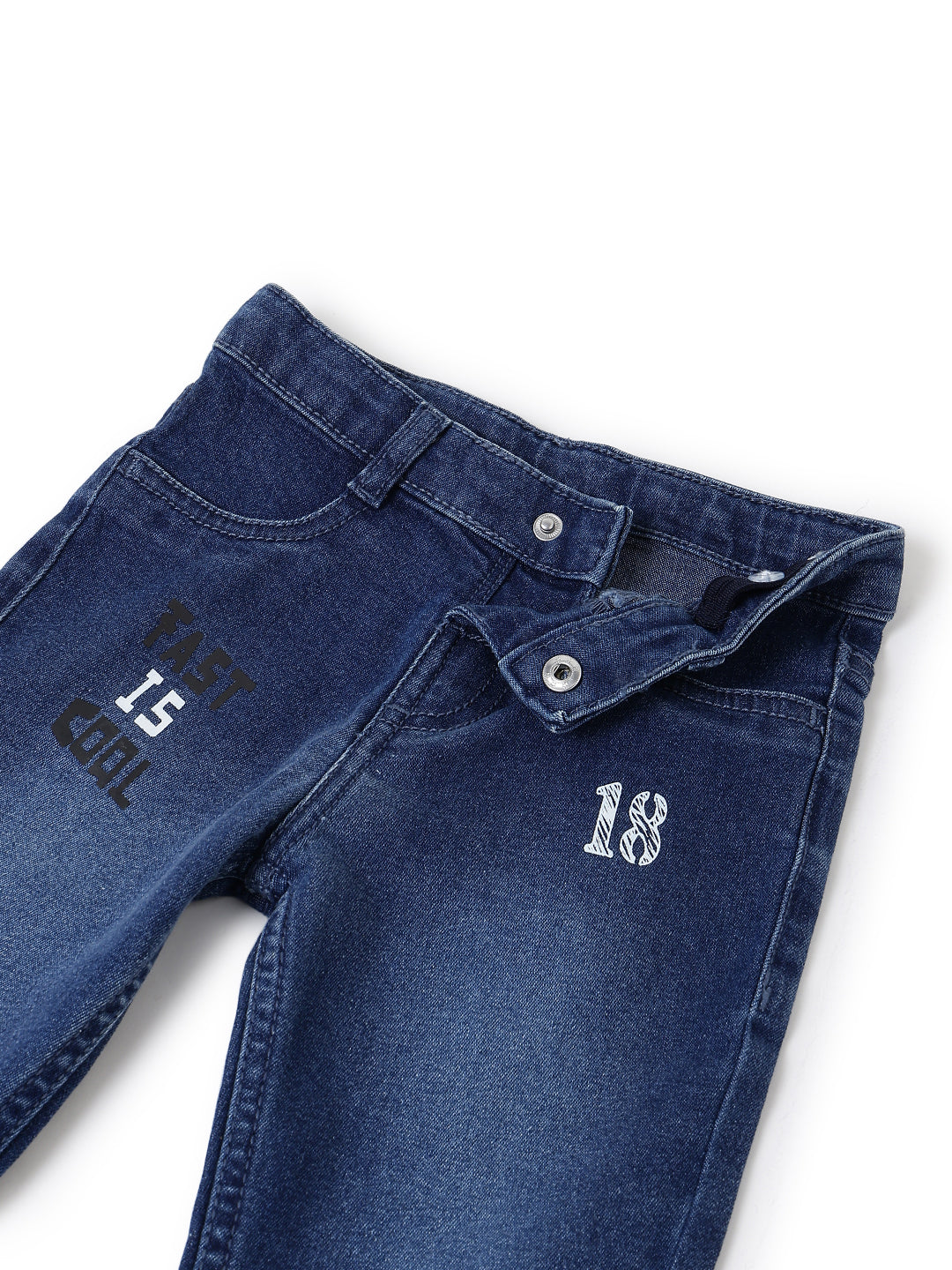 Boys Dark Blue Printed Slim Fit Stretchable Denim Jeans