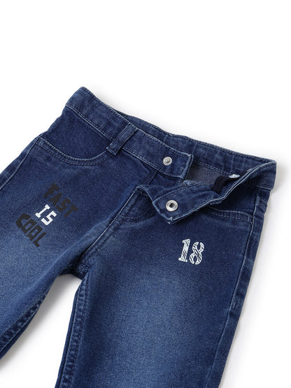 Boys Dark Blue Printed Slim Fit Stretchable Denim Jeans
