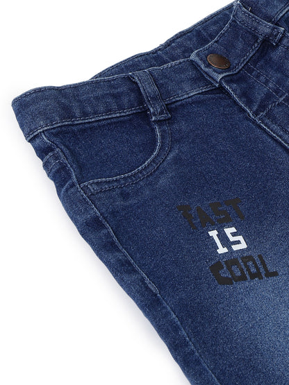 Boys Dark Blue Printed Slim Fit Stretchable Denim Jeans