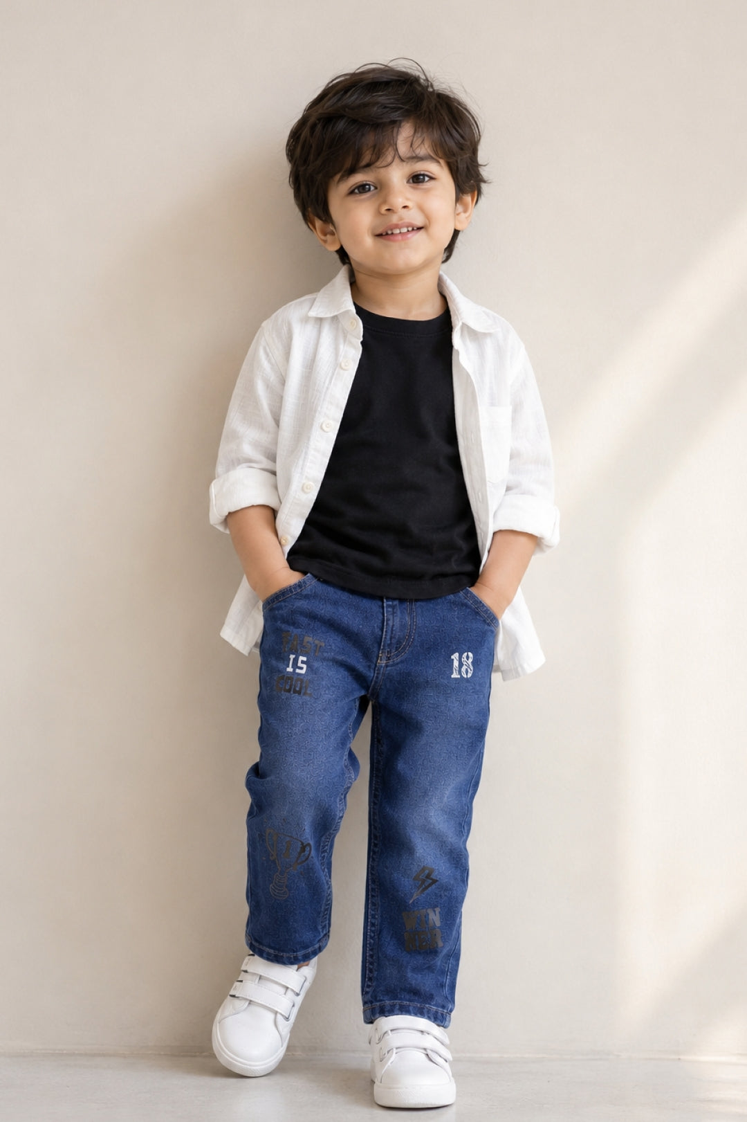 Boys Dark Blue Printed Slim Fit Stretchable Denim Jeans