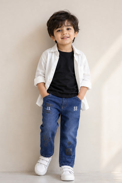 Boys Dark Blue Printed Slim Fit Stretchable Denim Jeans