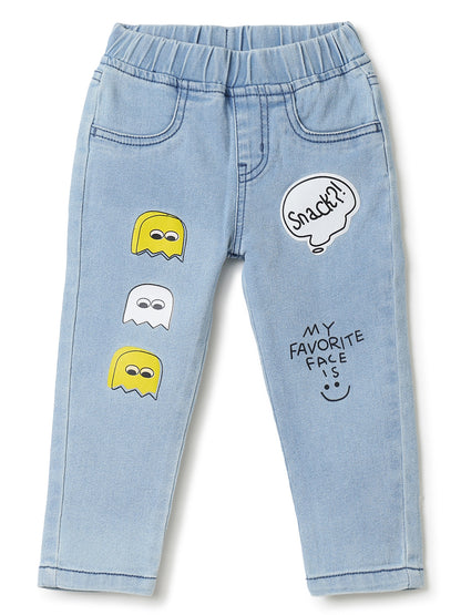 Boys Light Blue Printed Slim Fit Stretchable Denim Joggers