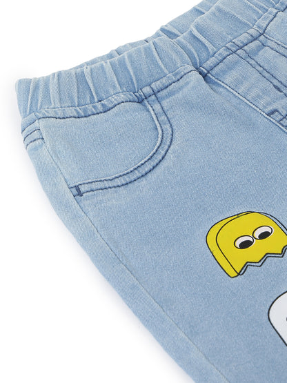 Boys Light Blue Printed Slim Fit Stretchable Denim Joggers