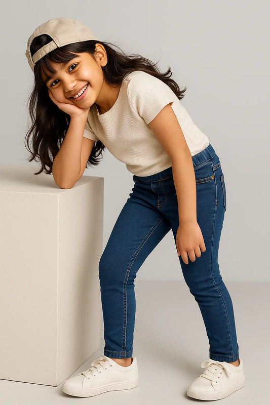 Girls Dark Blue Slim Fit  Lycra Denim Jeggings