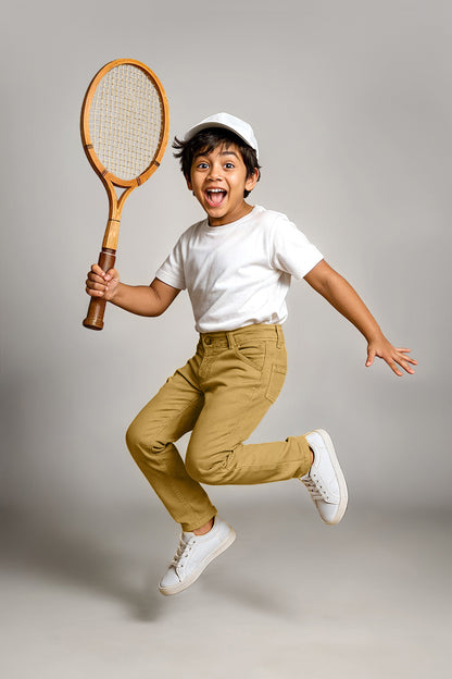 Boys Khaki Cotton Slim Fit Solid Trouser