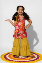 Girls Pink Top & Yellow Sharara Floral Printed Ethnic Set