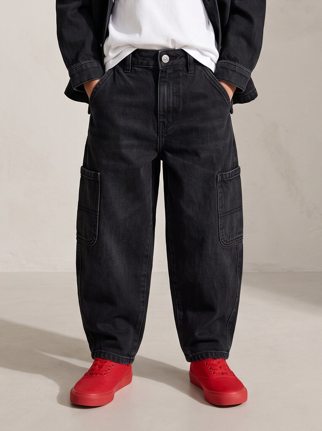 Boys Black Denim Lycra Washed Barrel Fit Jeans