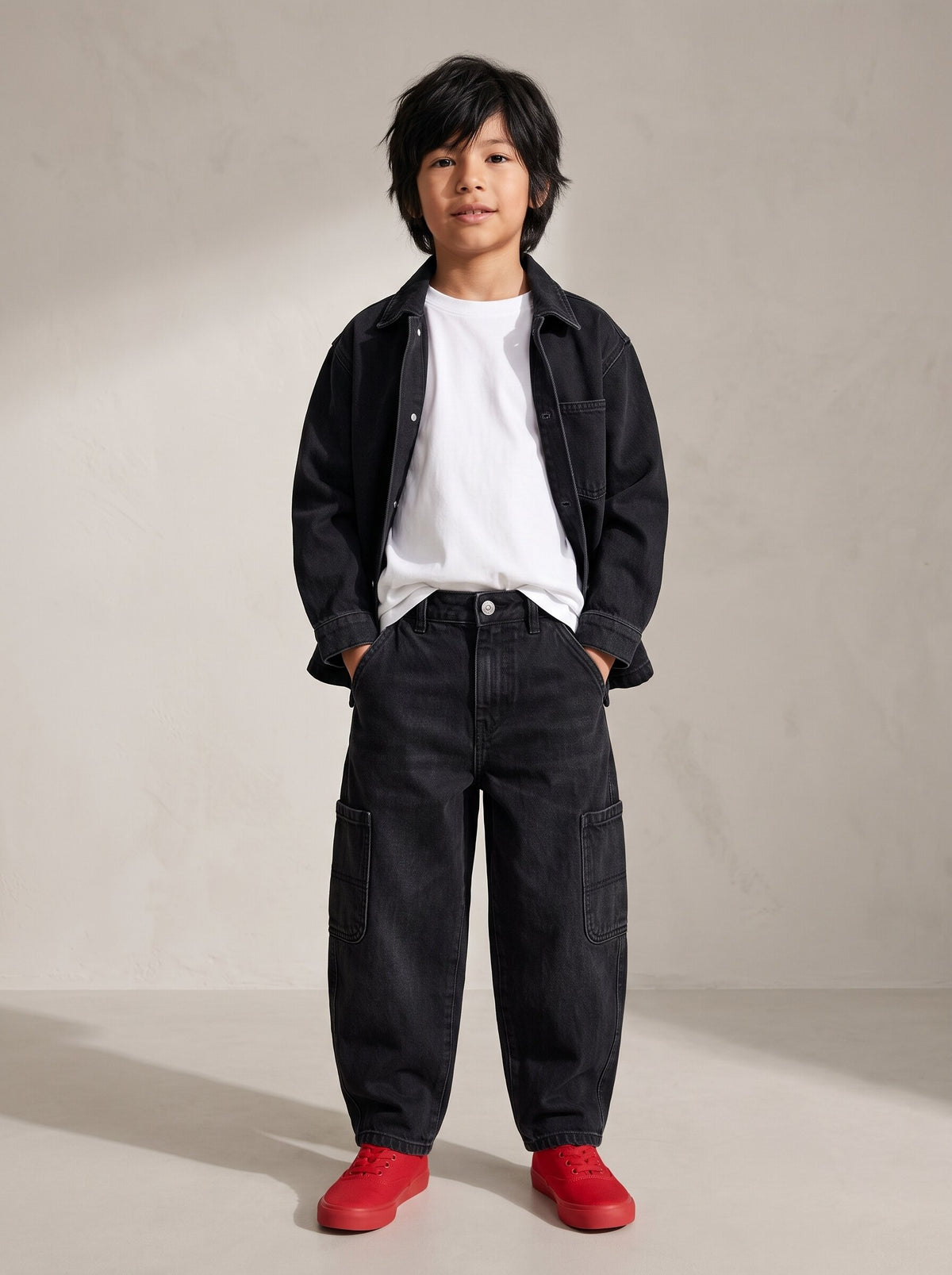 Boys Black Denim Lycra Washed Barrel Fit Jeans