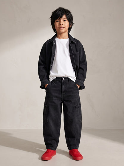 Boys Black Denim Lycra Washed Barrel Fit Jeans