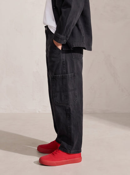 Boys Black Denim Lycra Washed Barrel Fit Jeans