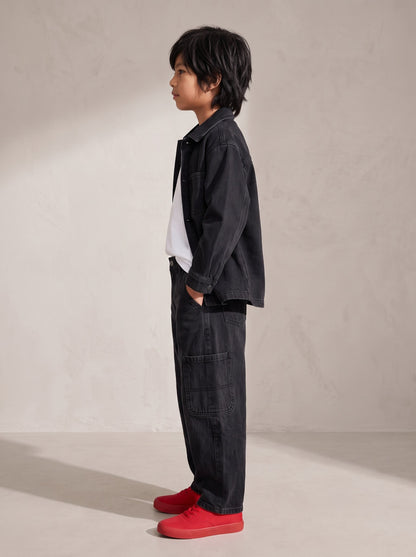 Boys Black Denim Lycra Washed Barrel Fit Jeans