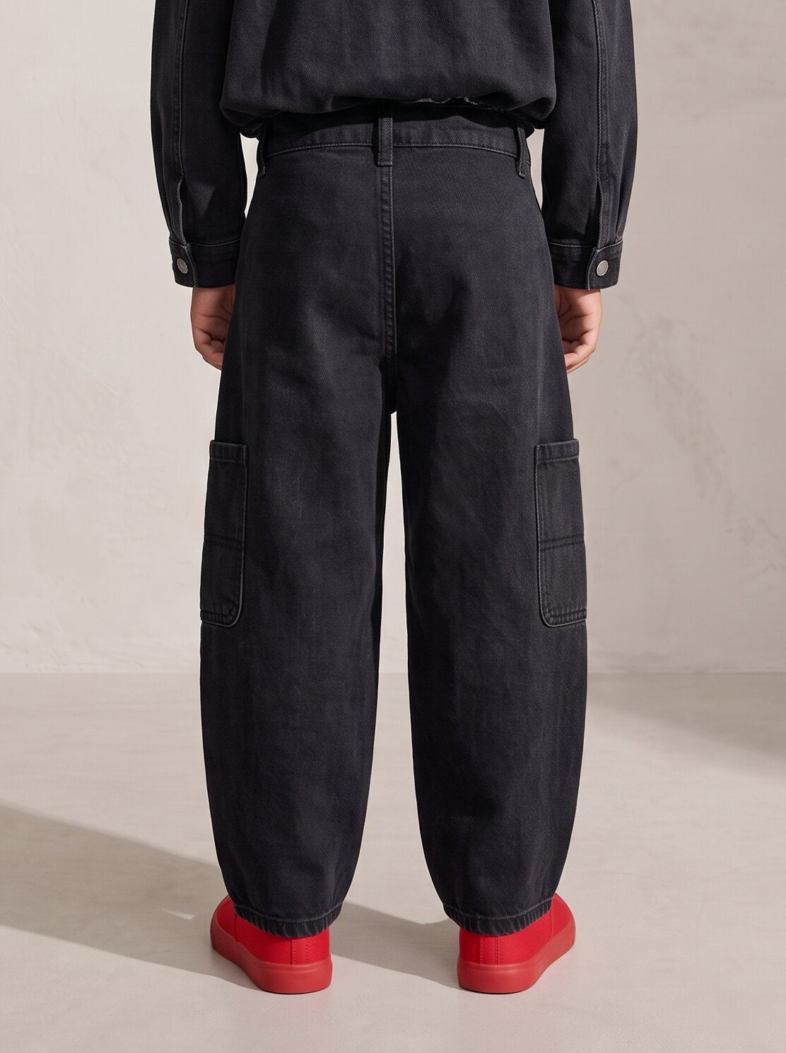 Boys Black Denim Lycra Washed Barrel Fit Jeans