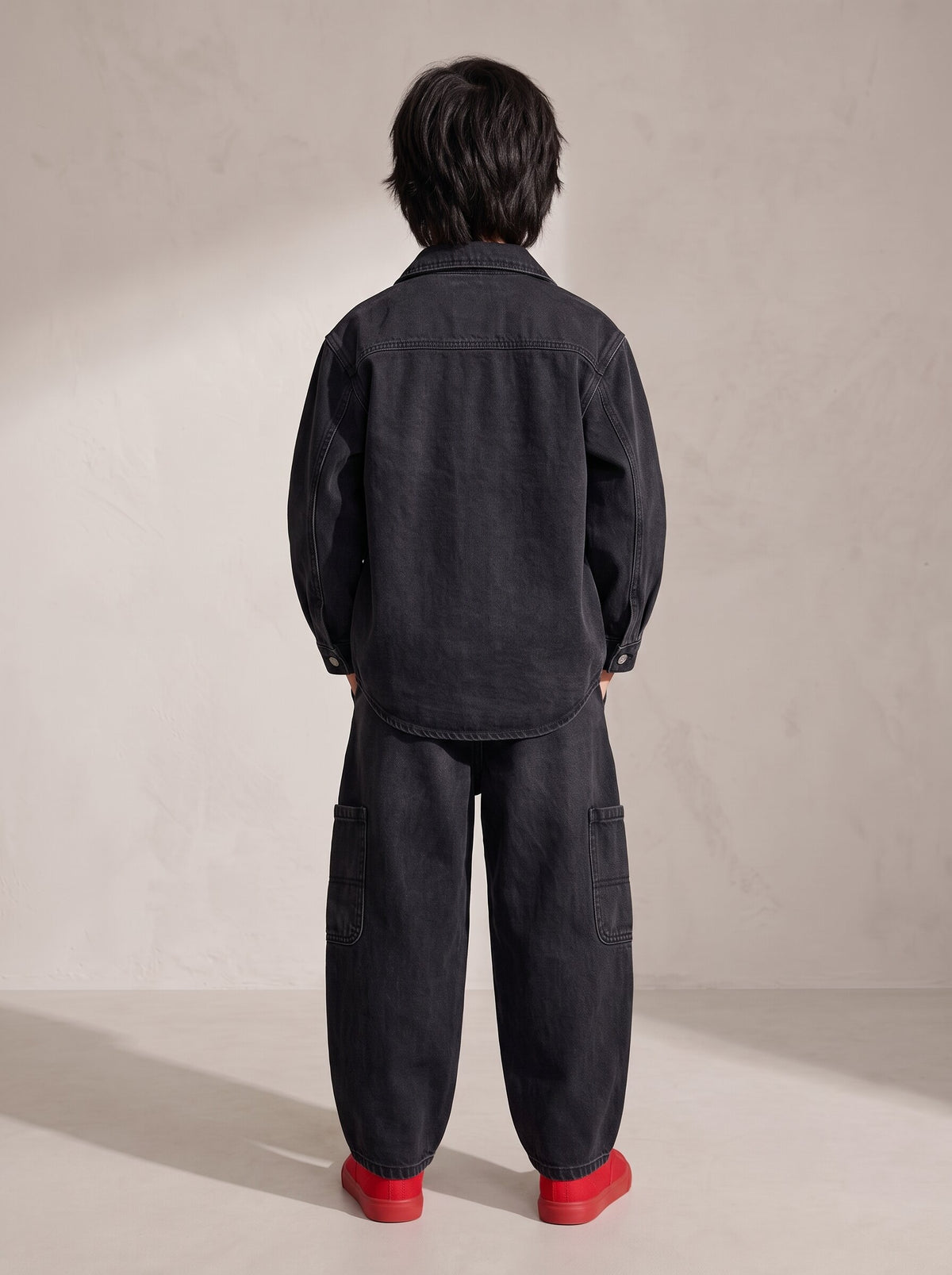 Boys Black Denim Lycra Washed Barrel Fit Jeans