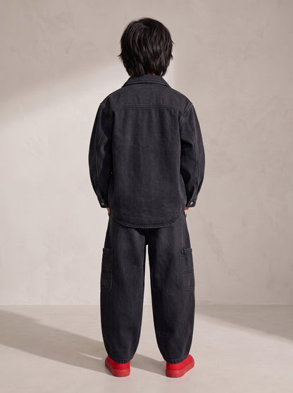 Boys Black Denim Lycra Washed Barrel Fit Jeans
