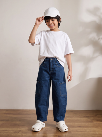 Boys Blue Denim Barrel Fit Jeans with Cargo Pockets