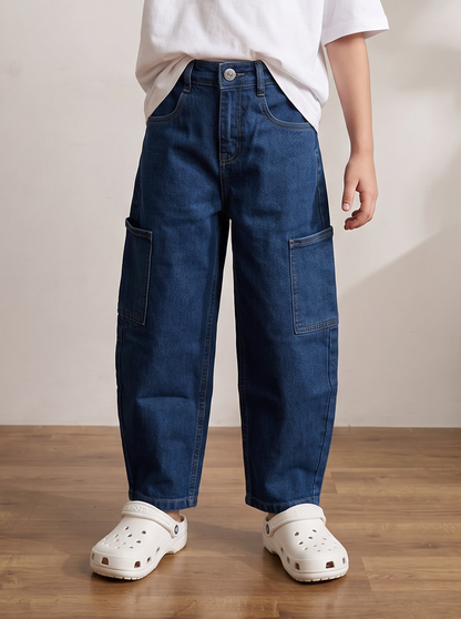 Boys Blue Denim Barrel Fit Jeans with Cargo Pockets