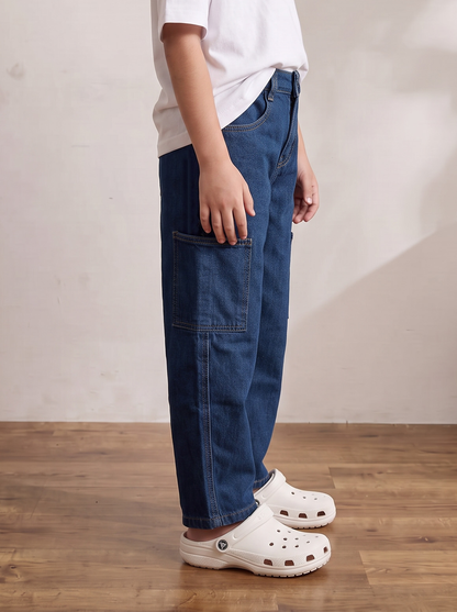 Boys Blue Denim Barrel Fit Jeans with Cargo Pockets