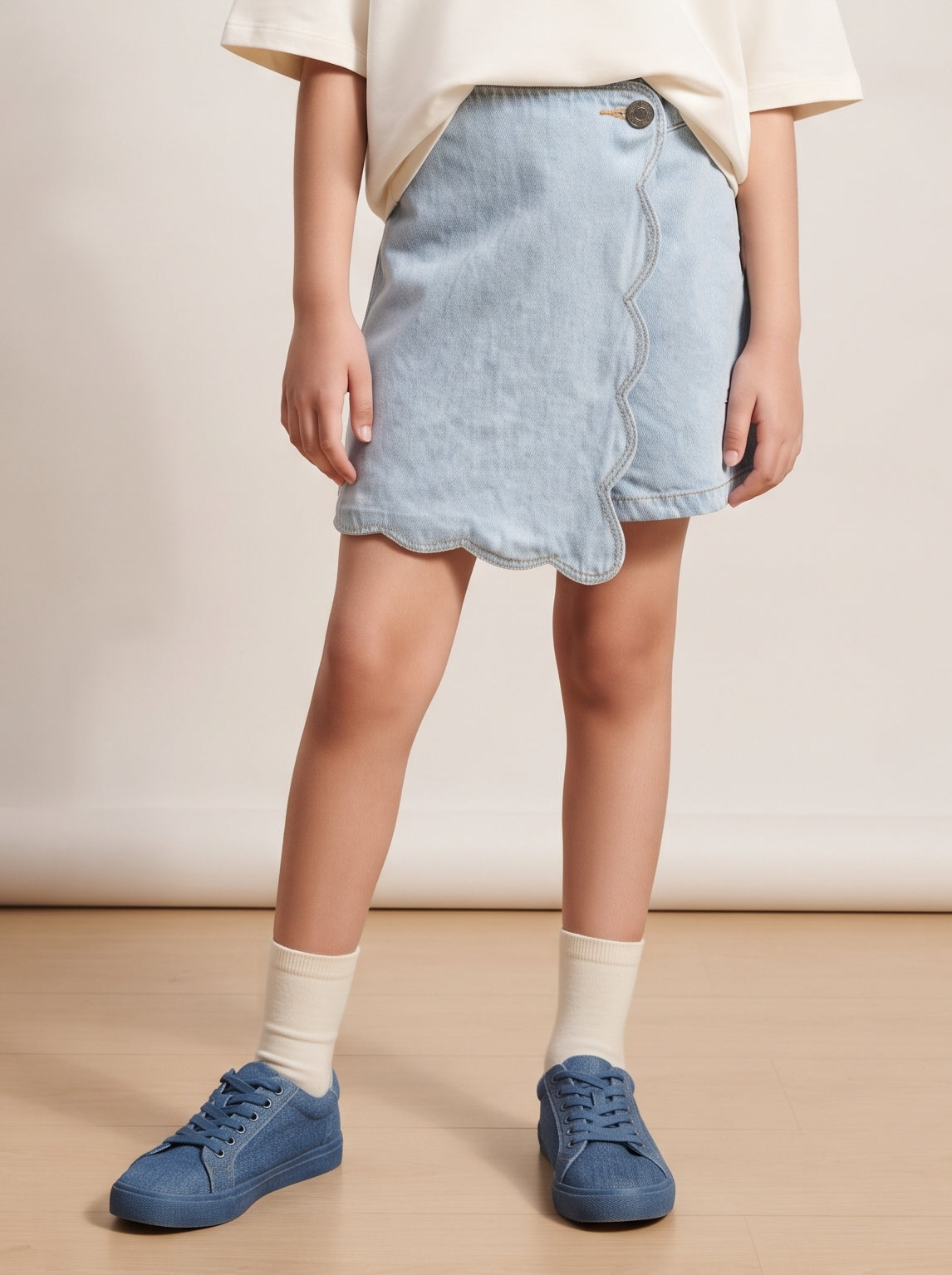 Girls Light Blue Washed Cotton Denim Skort