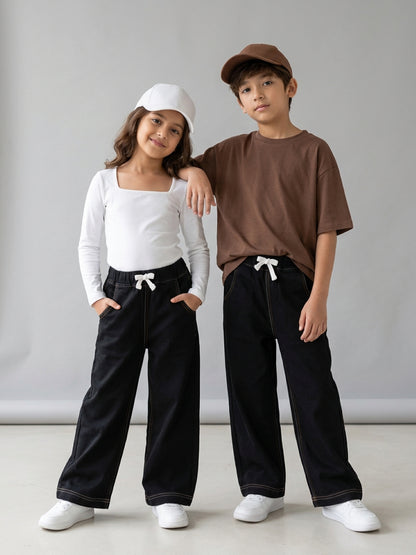 Boys & Girls Black Denim Baggy Fit Joggers