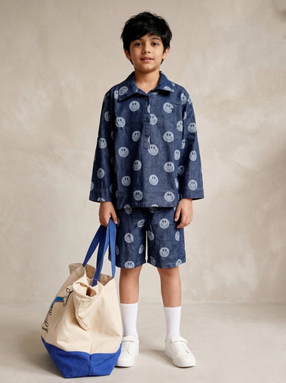 Tales & Stories Unisex Dark Blue Denim Printed Shirt Shorts Co-ord Set