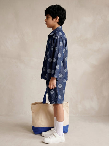 Tales & Stories Unisex Dark Blue Denim Printed Shirt Shorts Co-ord Set