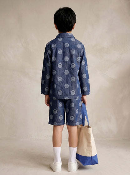 Tales & Stories Unisex Dark Blue Denim Printed Shirt Shorts Co-ord Set