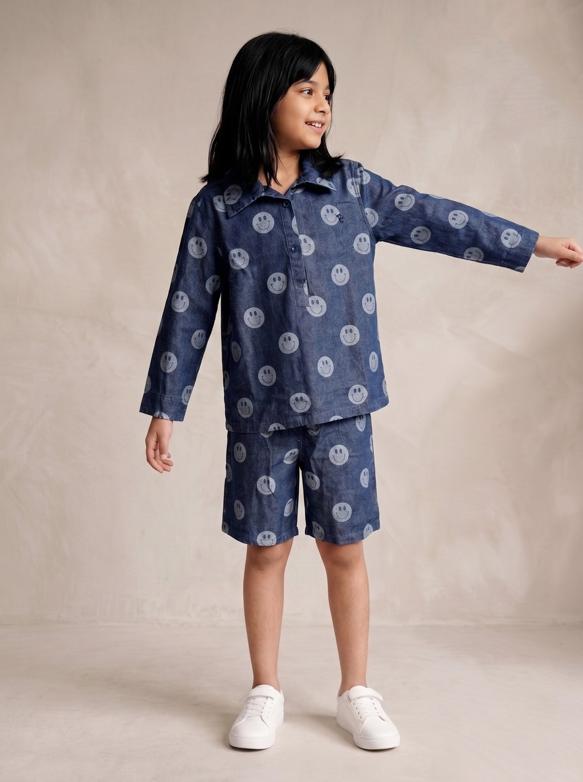 Tales & Stories Unisex Dark Blue Denim Printed Shirt Shorts Co-ord Set
