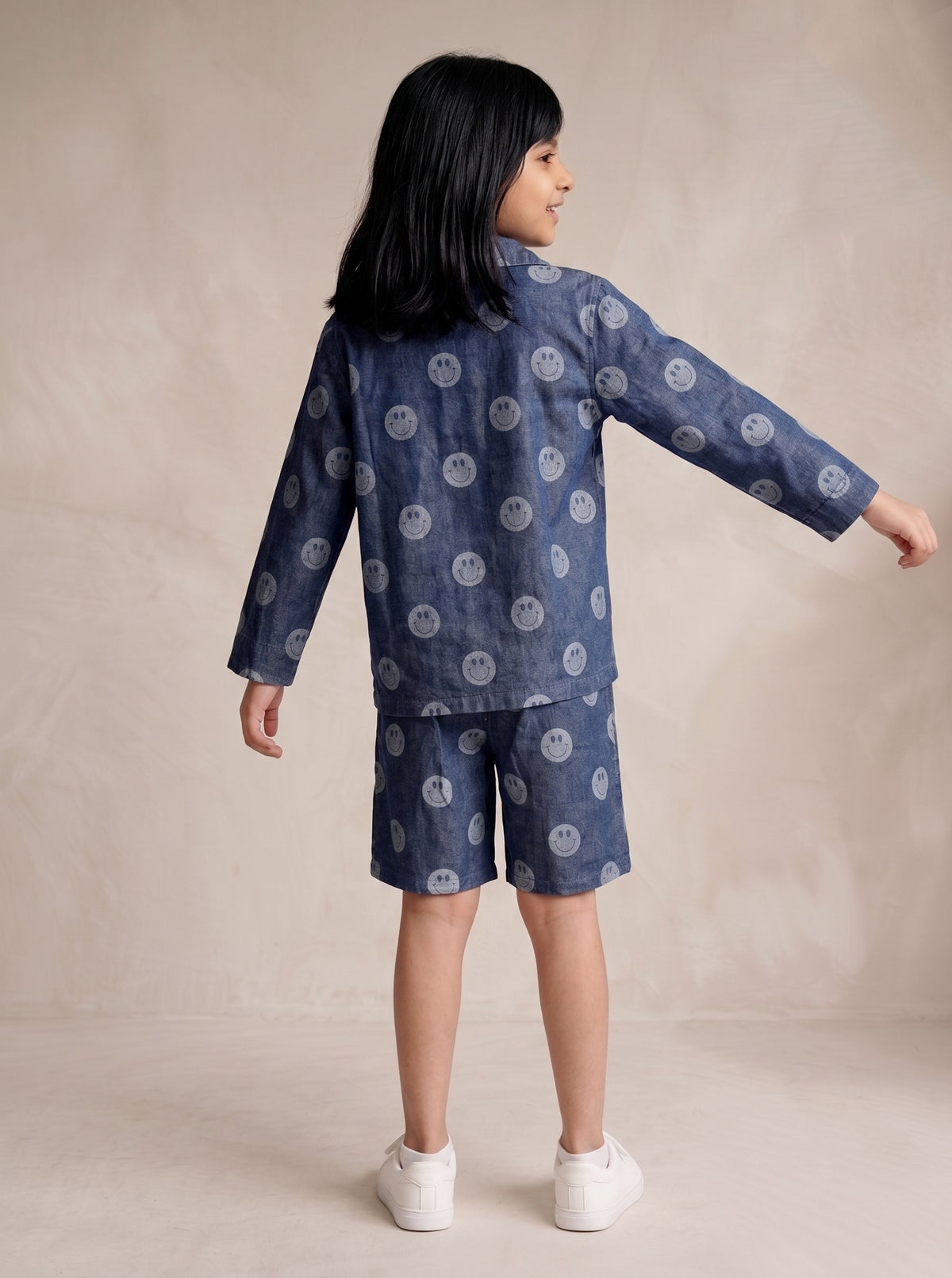 Tales & Stories Unisex Dark Blue Denim Printed Shirt Shorts Co-ord Set