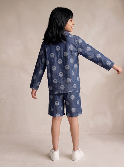 Tales & Stories Unisex Dark Blue Denim Printed Shirt Shorts Co-ord Set