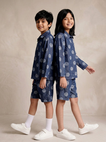 Tales & Stories Unisex Dark Blue Denim Printed Shirt Shorts Co-ord Set
