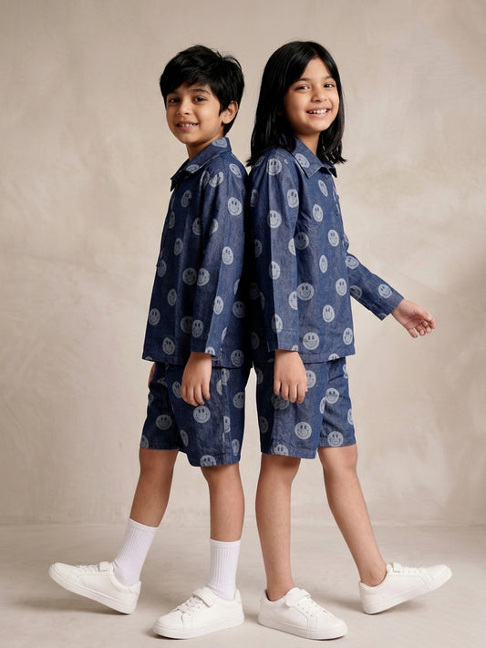 Tales & Stories Unisex Dark Blue Denim Printed Shirt Shorts Co-ord Set