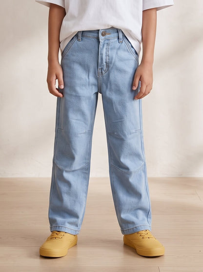 Boys Light Blue Washed Denim Lycra Straight Fit Jeans