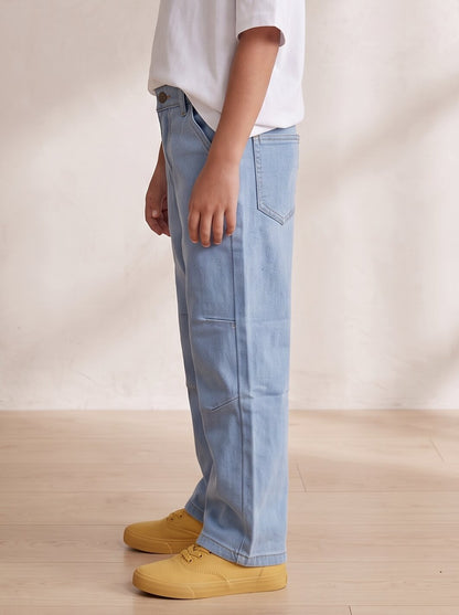 Boys Light Blue Washed Denim Lycra Straight Fit Jeans