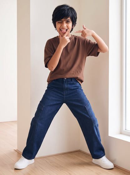 Boys Dark Blue Washed Denim Cargo Wide Leg Jeans