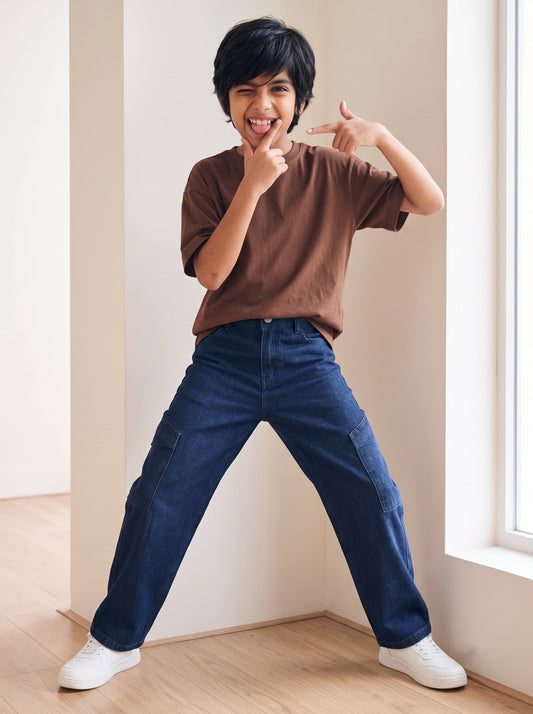 Boys Dark Blue Washed Denim Cargo Wide Leg Jeans