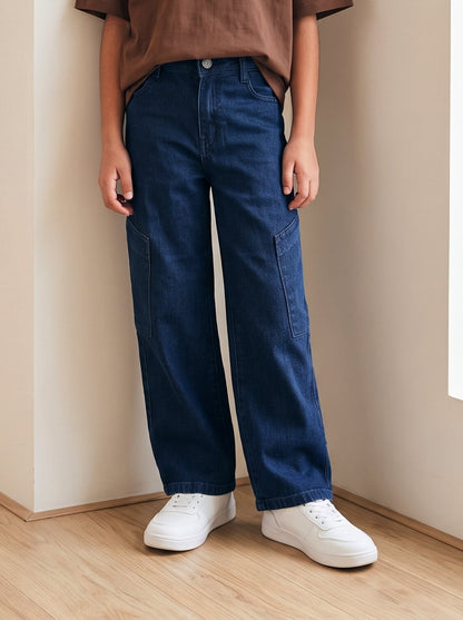 Boys Dark Blue Washed Denim Cargo Wide Leg Jeans