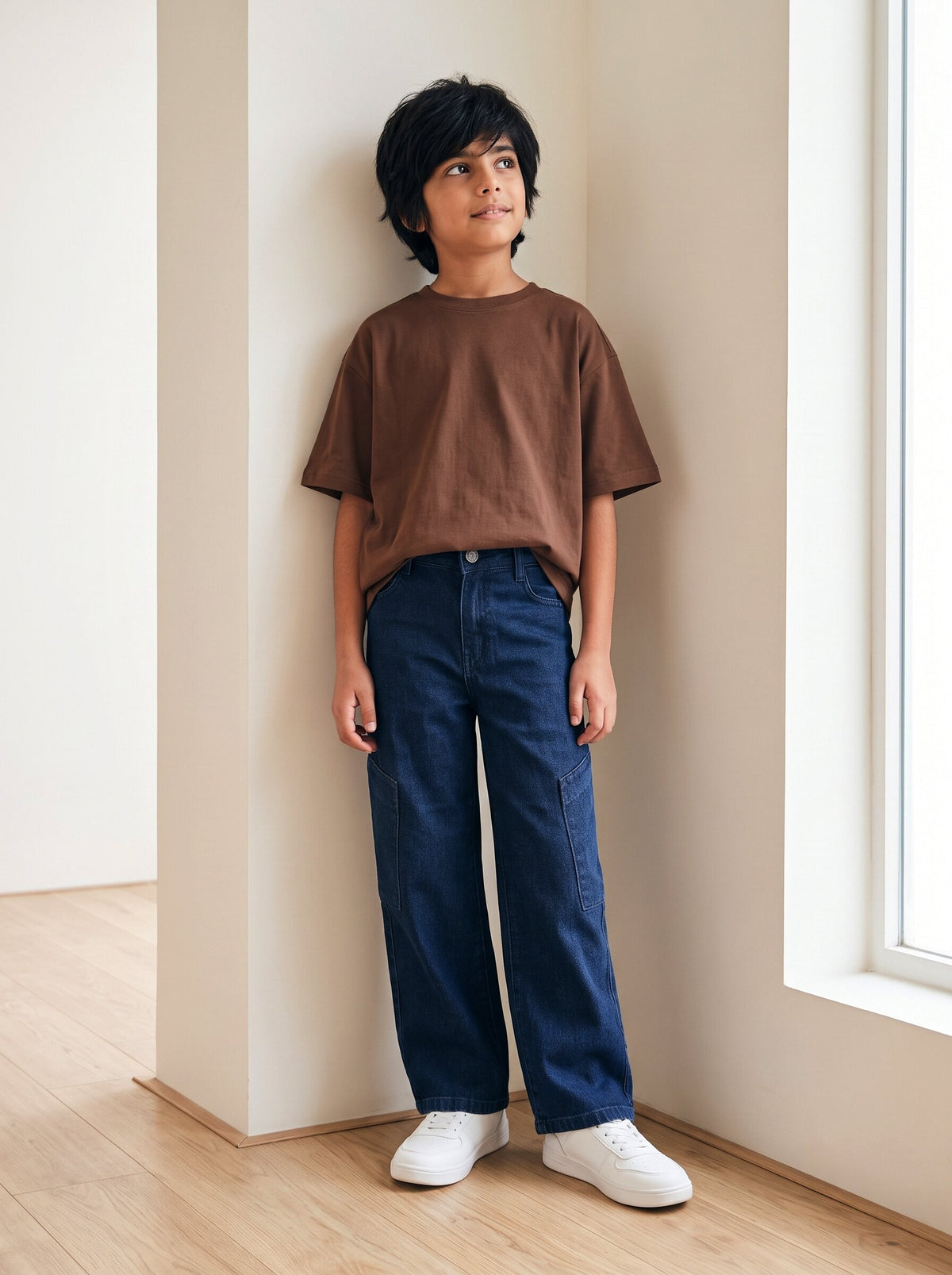 Boys Dark Blue Washed Denim Cargo Wide Leg Jeans