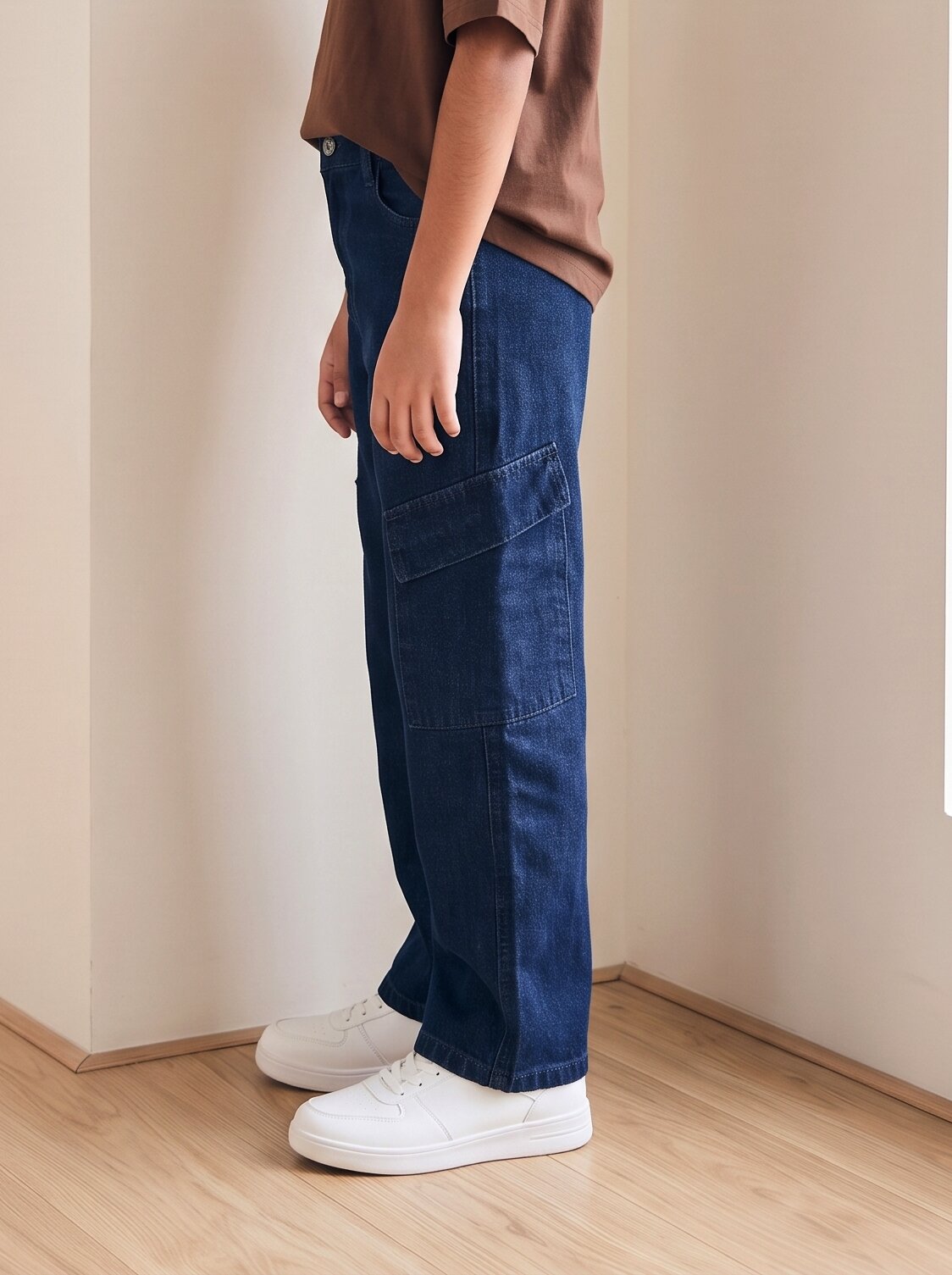 Boys Dark Blue Washed Denim Cargo Wide Leg Jeans