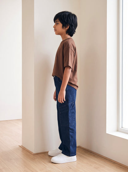 Boys Dark Blue Washed Denim Cargo Wide Leg Jeans
