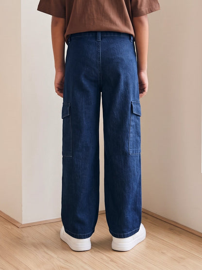 Boys Dark Blue Washed Denim Cargo Wide Leg Jeans