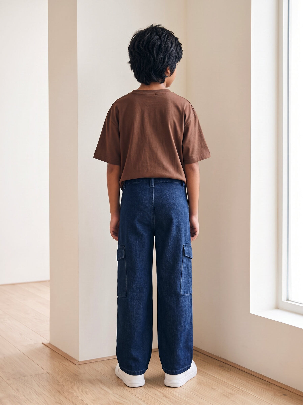 Boys Dark Blue Washed Denim Cargo Wide Leg Jeans