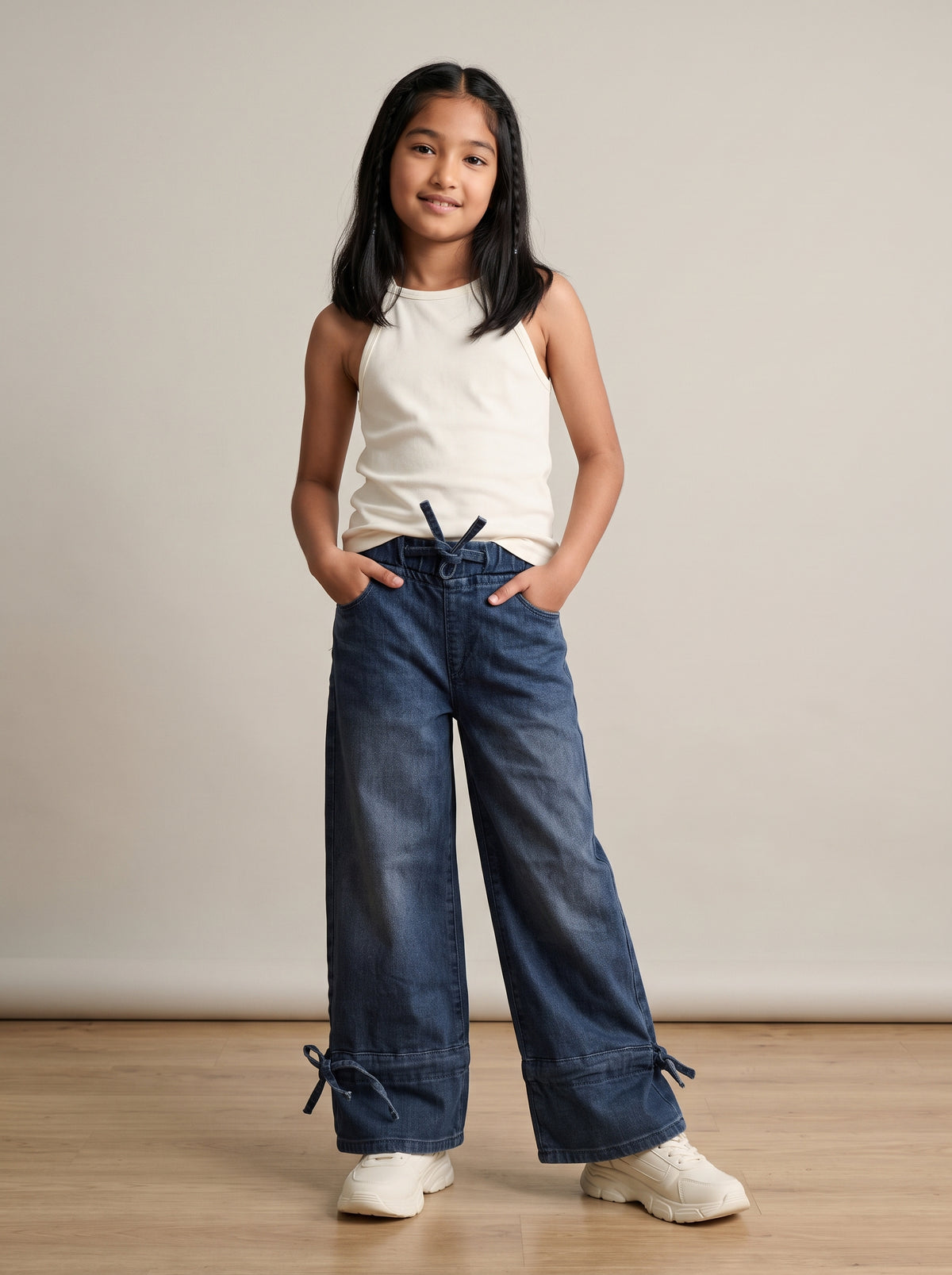 Girls Dark Blue Washed Denim Wide Leg Jeans