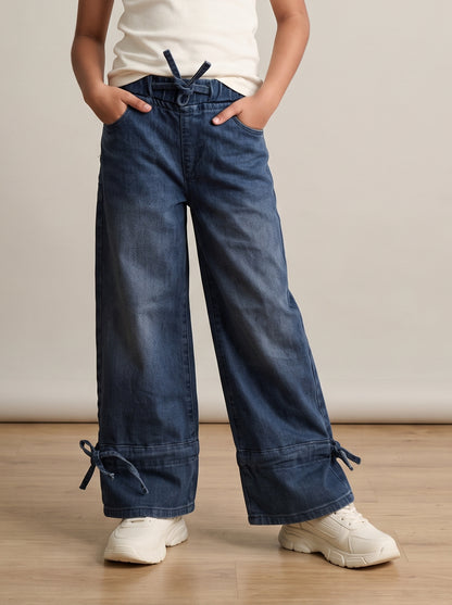 Girls Dark Blue Washed Denim Wide Leg Jeans