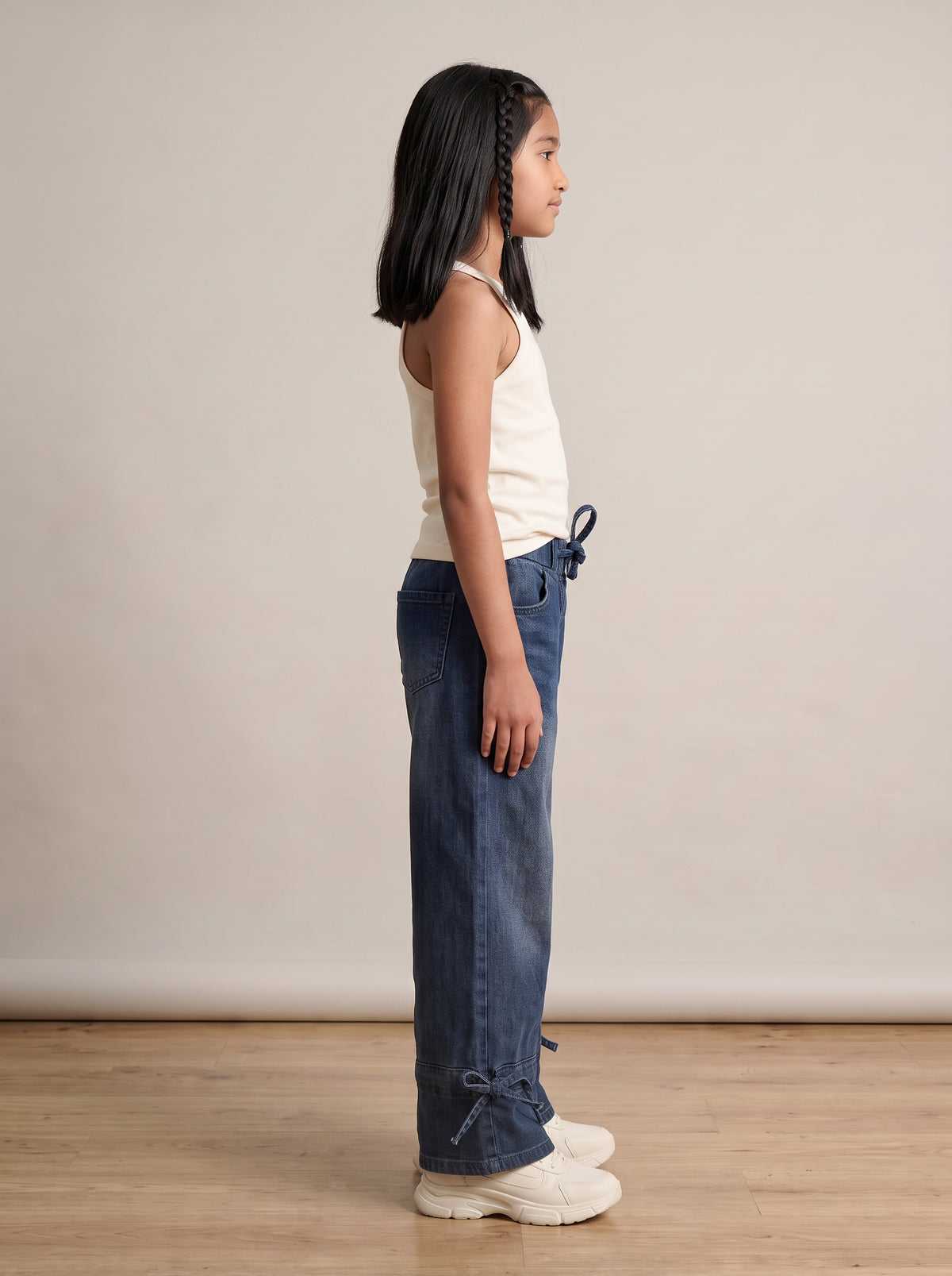 Girls Dark Blue Washed Denim Wide Leg Jeans
