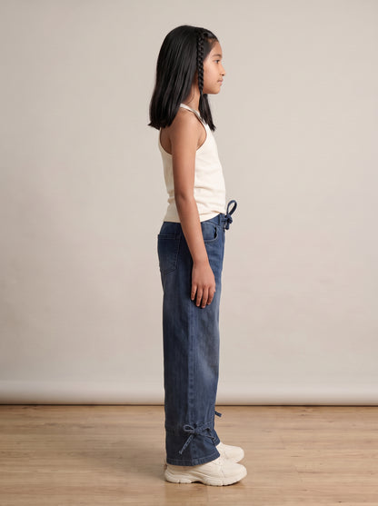 Girls Dark Blue Washed Denim Wide Leg Jeans