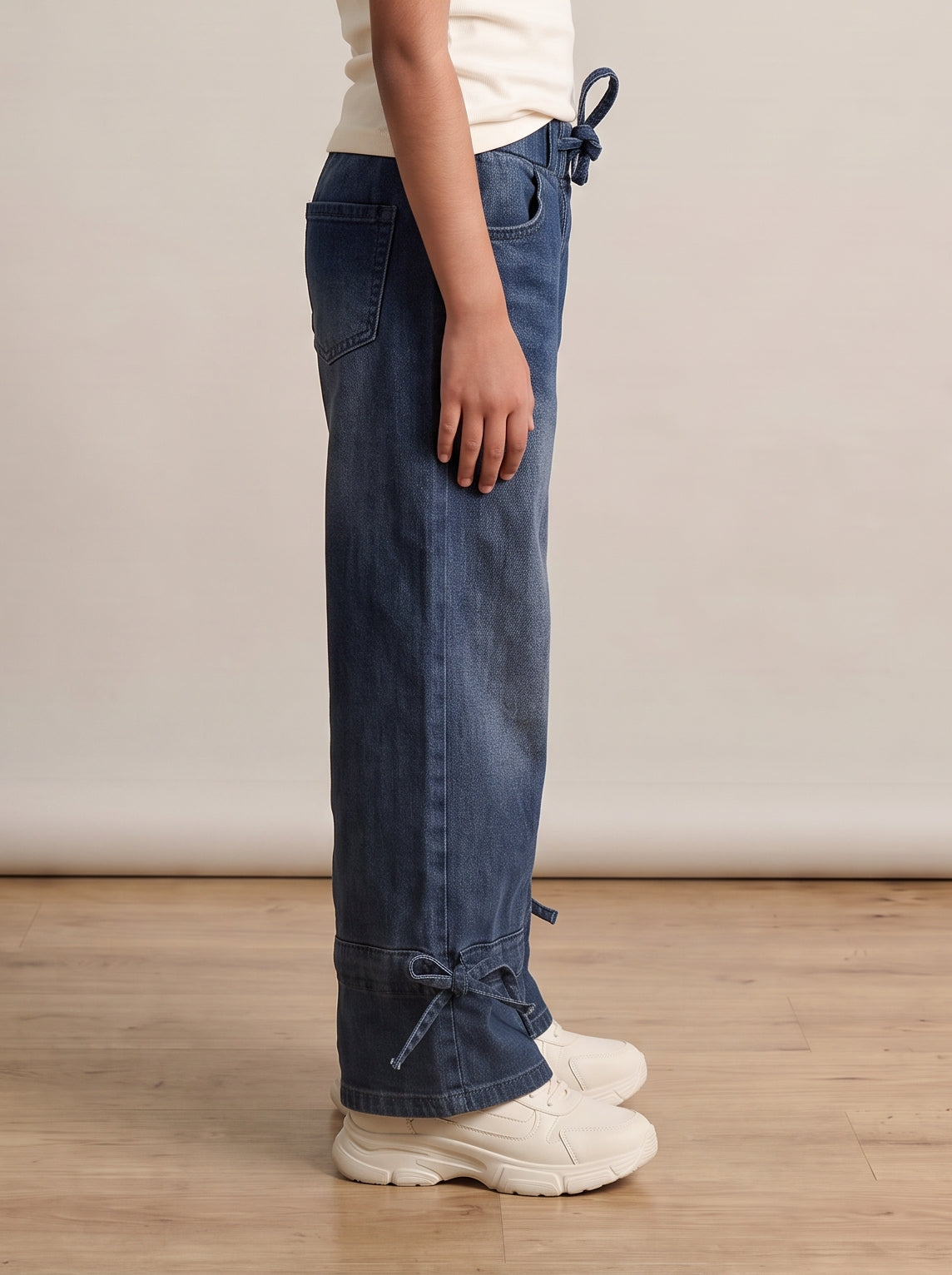 Girls Dark Blue Washed Denim Wide Leg Jeans
