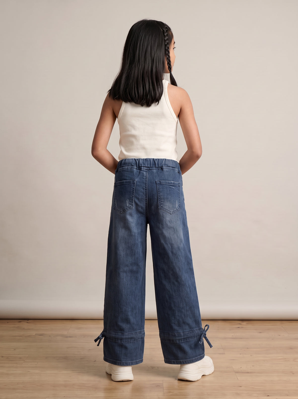 Girls Dark Blue Washed Denim Wide Leg Jeans